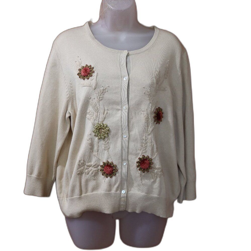 Liz Claiborne Cream Floral Appliqué Cotton Rayon Cardigan L Full Back Embroidery